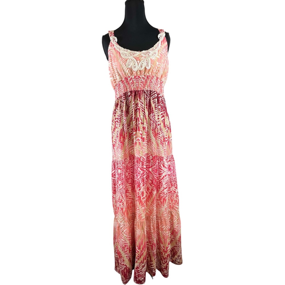 SNAP Women's Maxi Dress Pink Tropical Print Tiered‎ Lace Neck Sleeveless L